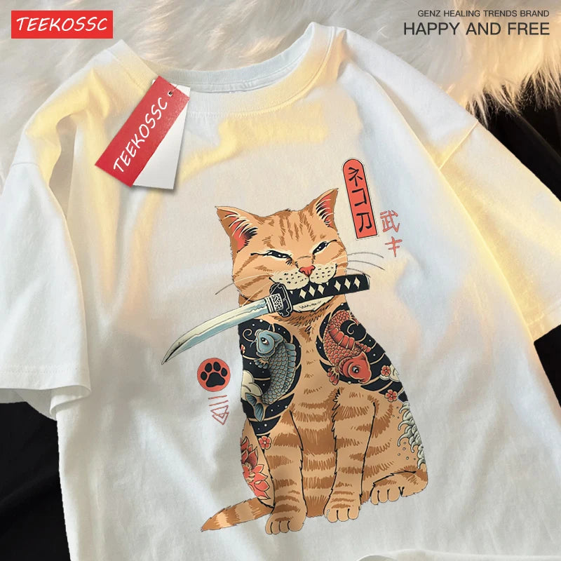 Japanese Harajuku Samurai Sword Cat T-Shirt Men Women Casual Tee Clothes Cotton Summer Tops Breathable Oversized T-Shirts Couple