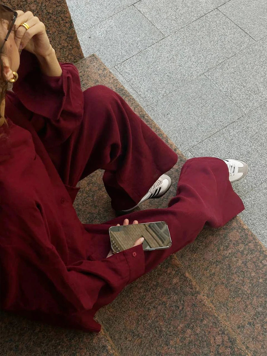 Bornladies Cotton Casual Pants Sets Women's Solid Color Cozy Lapel Long Sleeve Shirt Summer Outfit Elastic Waist Pants Suits