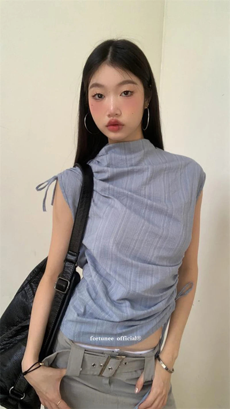 Zoki Streetwear Y2K Slim Tanks Women Shirring Vintage Casual Tops Summer Sleeveless Female Retro Half Turtleneck Harajuku Tanks