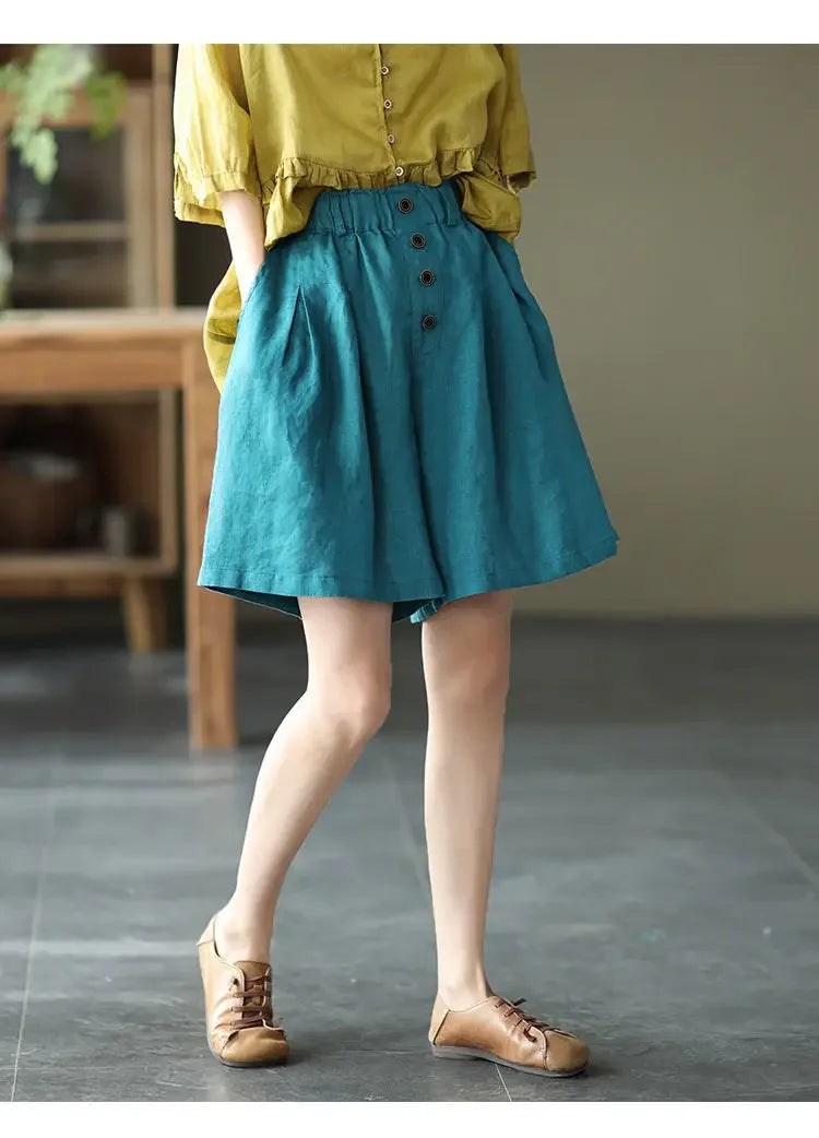 Vintageartistic High-waisted Slimming Cotton Linen Shorts For Women Casual Loose-fit Bell Bottoms 2024 New Style