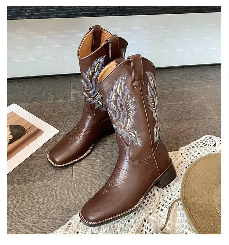 Fall Women Mid-calf Boots 2025 Vintage Leather-covered Brown Western Cowboy Boots Embroidered Chunky Heel Thigh-high Knight Boot