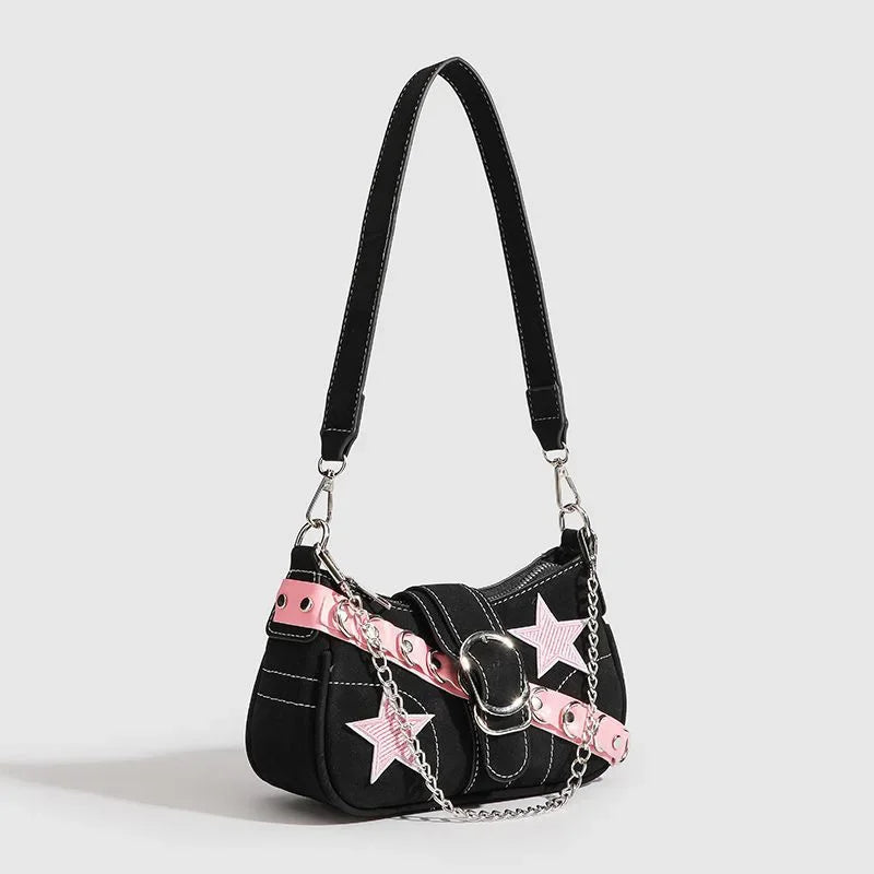 Y2K Fashionable Spliced Color Contrast Pink Star Denim Underarm Bag Commute Shoulder Bag Soft Square Shape Mobile Phone Pocket