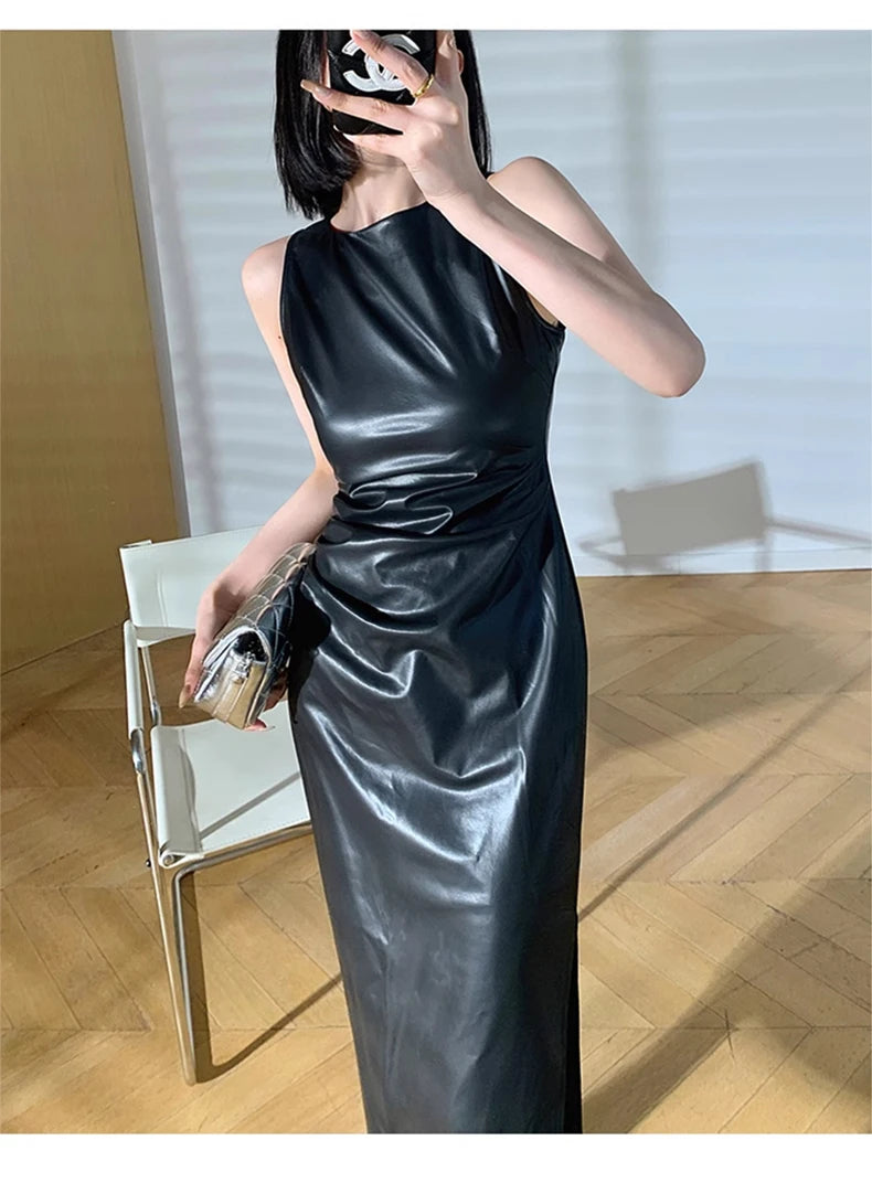 Lautaro Spring Autumn Sleeveless Backless Black Stretchy Blue Soft Faux Leather Midi Tank Dress Women Slim Fit Long Dresses 2023