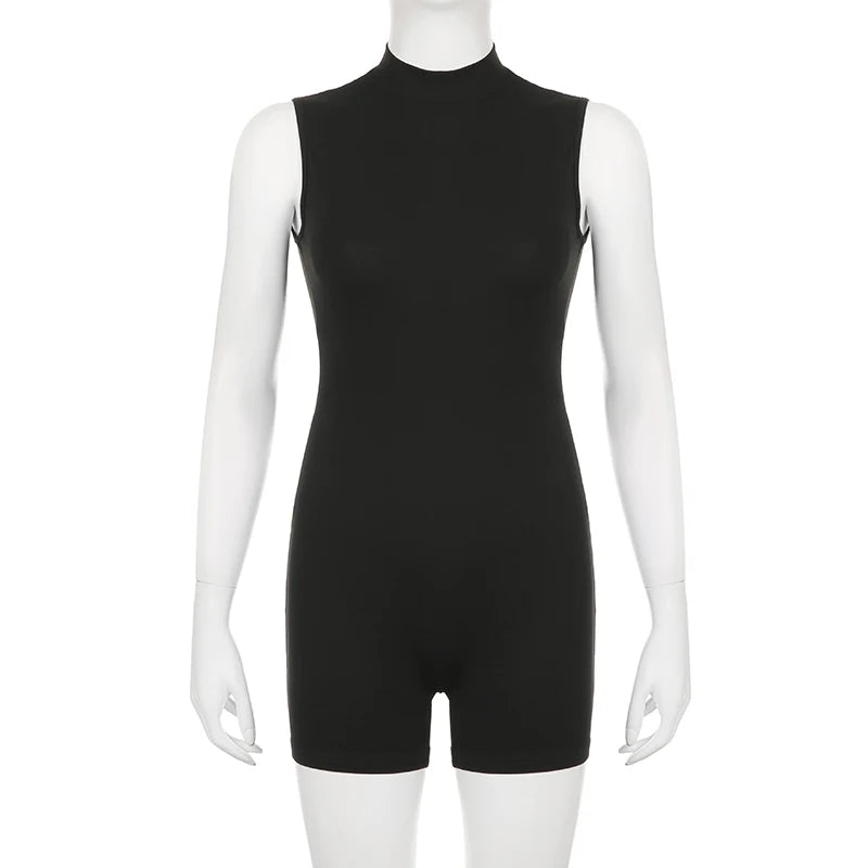CIBBAR Casual Jogger Bodycon Rompers Solid Black Sleeveless Turtleneck Women's Fitness Sports Jumpsuits Basic All-match Outfits