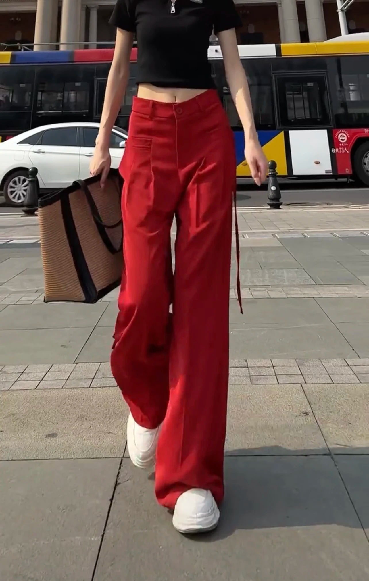 Jielur Lace-up High Waist Straight Women Suit Pants Summer Slim Loose Full Length Female Wide Leg Pants Casual Chic Office Lady