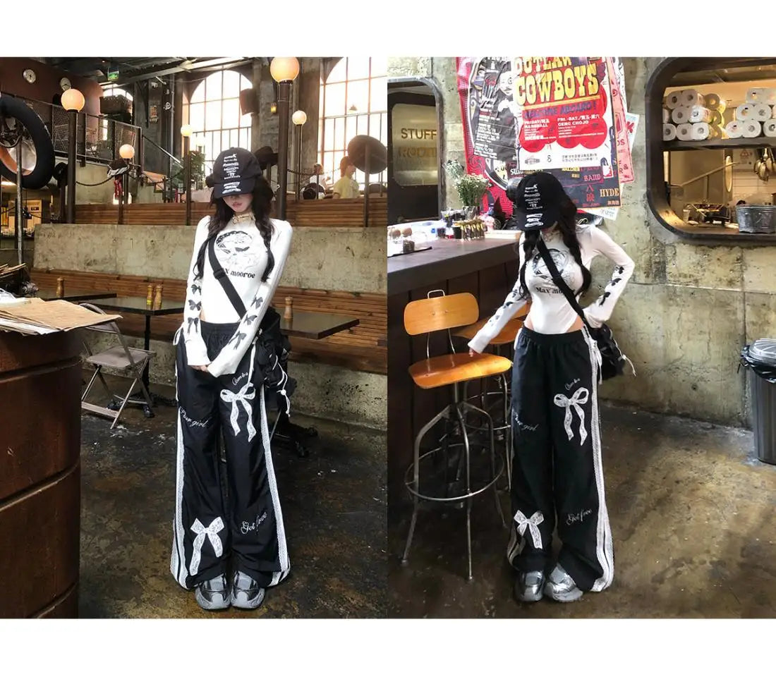 Dophee Original Spice Girls Elastic Waist All-match Loose Straight Wide Leg Pants Cute Bow Printed Splicing Lace Casual Trousers