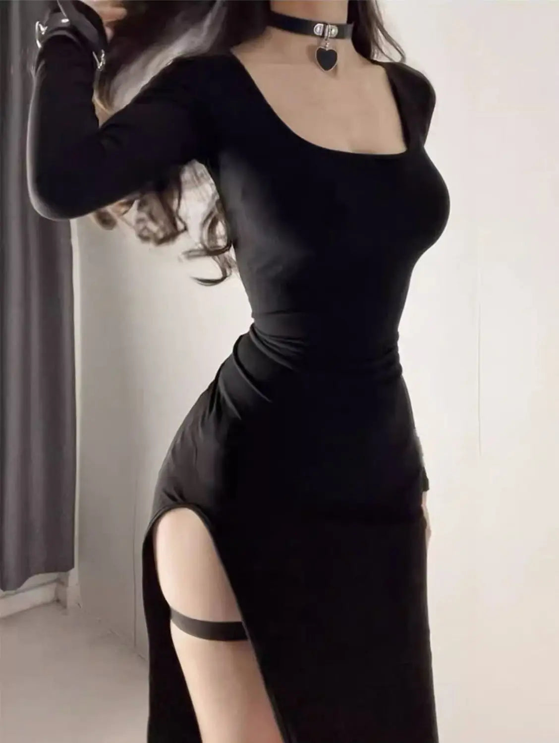 Slim Fitting Warp Hip Dress Sexy Side Slit Long Sleeve Spring Summer 2025 New Black Maxi Dresses Bodycon Women Streetwear Robe