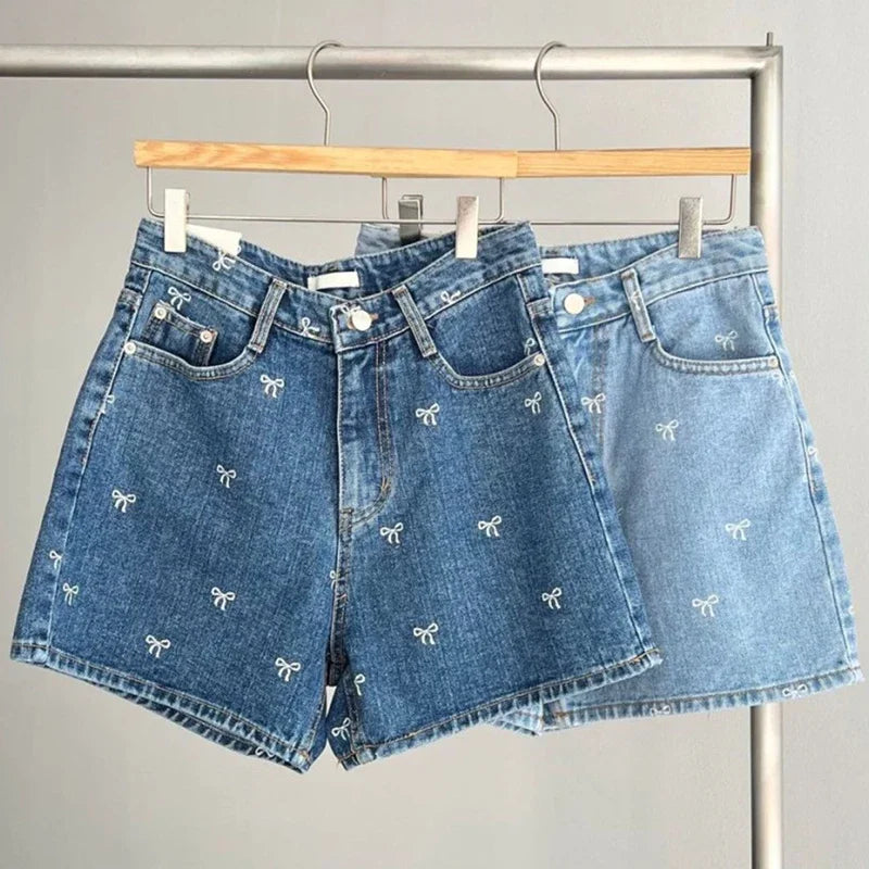 HELIAR Women Bowknot Embroidery Denim Shorts With Pockets Casual High Waist A-line Jean Shorts Female Office Trousers Summer
