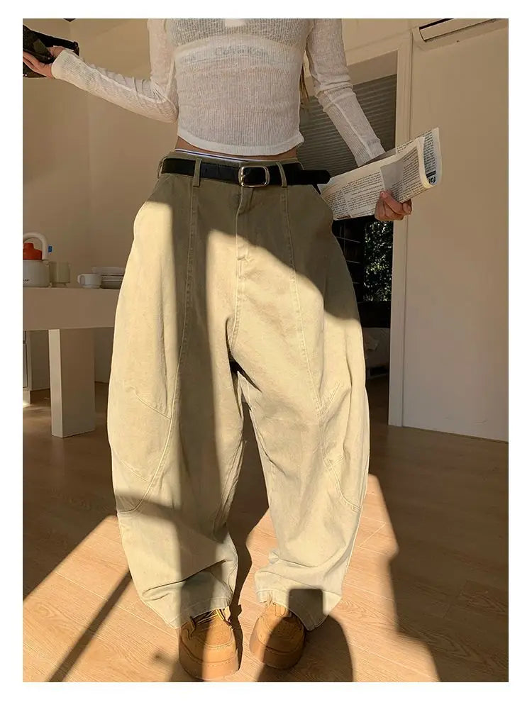 HOUZHOU Y2K Vintage Wash Women Cargo Jeans Harajuku Scimitar Wide Leg American Retro Denim Pants Baggy Trousers Gyaru Streetwear