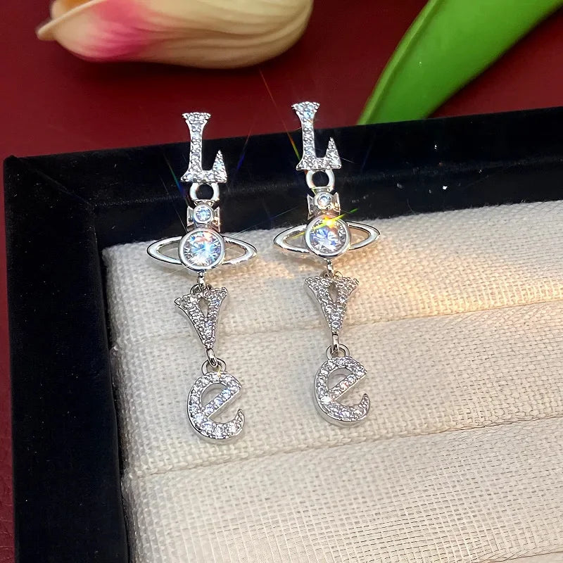 Fashionable Long Tassel Earrings with Love Letter Zirconia Stones Women's Elegant Drop Earrings Chinese Style Saturn Personality