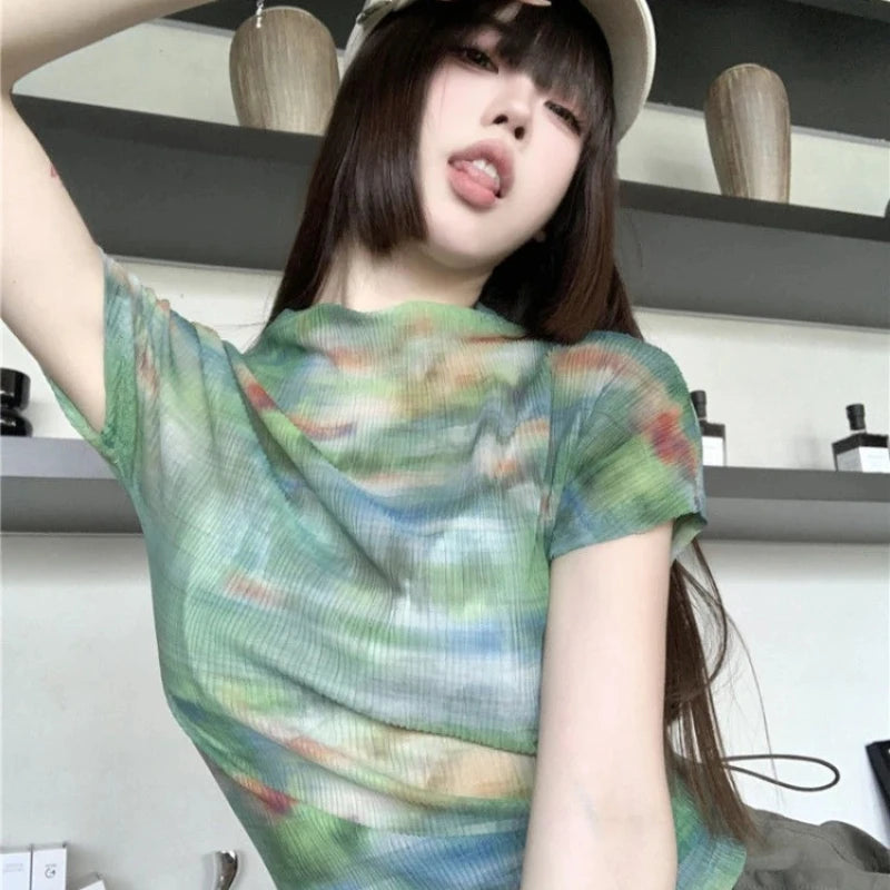 Turtleneck Woman Tops Tie DyeT Shirt for Women Japanese Vintage Fashion Korean Reviews Many Clothes Harajuku Clearance Basic