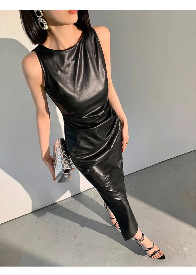 Lautaro Spring Autumn Sleeveless Backless Black Stretchy Blue Soft Faux Leather Midi Tank Dress Women Slim Fit Long Dresses 2023