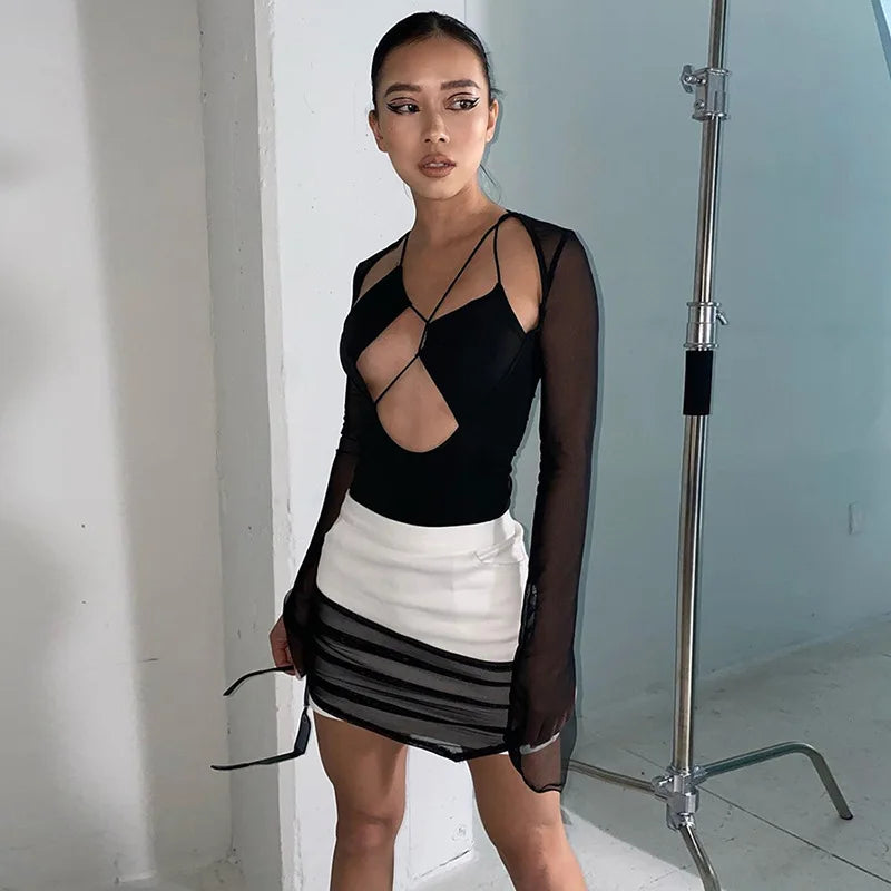 Woman's Bodysuits Summer Solid Color Long Sleeve Splice Sexy hollow-out Fashion Woman Bodysuits Dropshipping YMEK20K09854