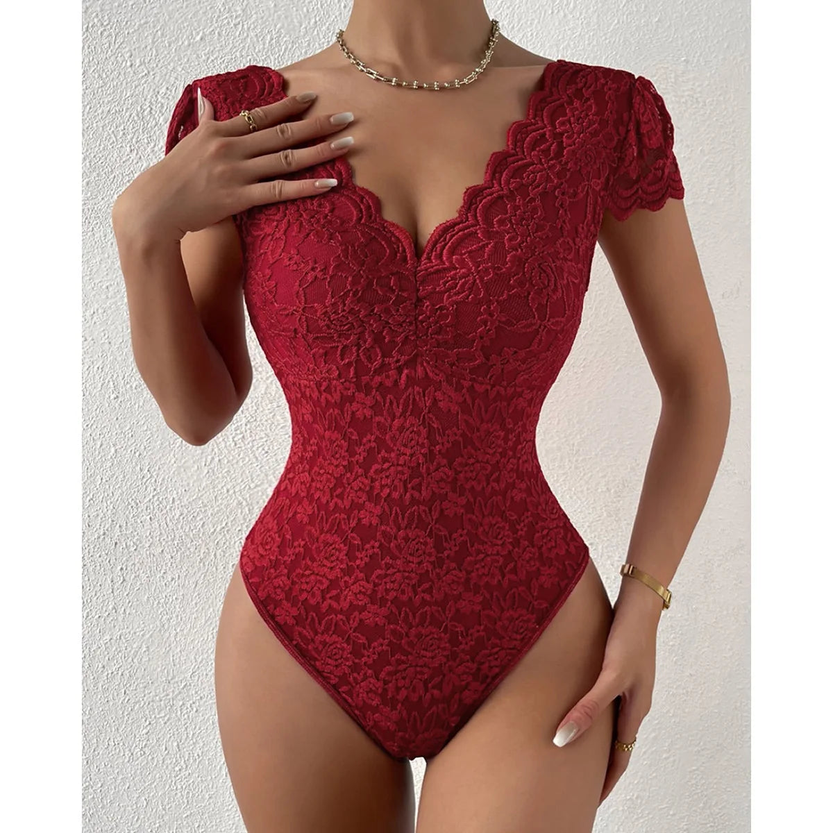 Women's Elegant White Lace Bodysuits Summer One Piece V-neck Jumpsuit Thongs Bodyshaper Tops Fashion Sexy Slim Fitted Shapewear