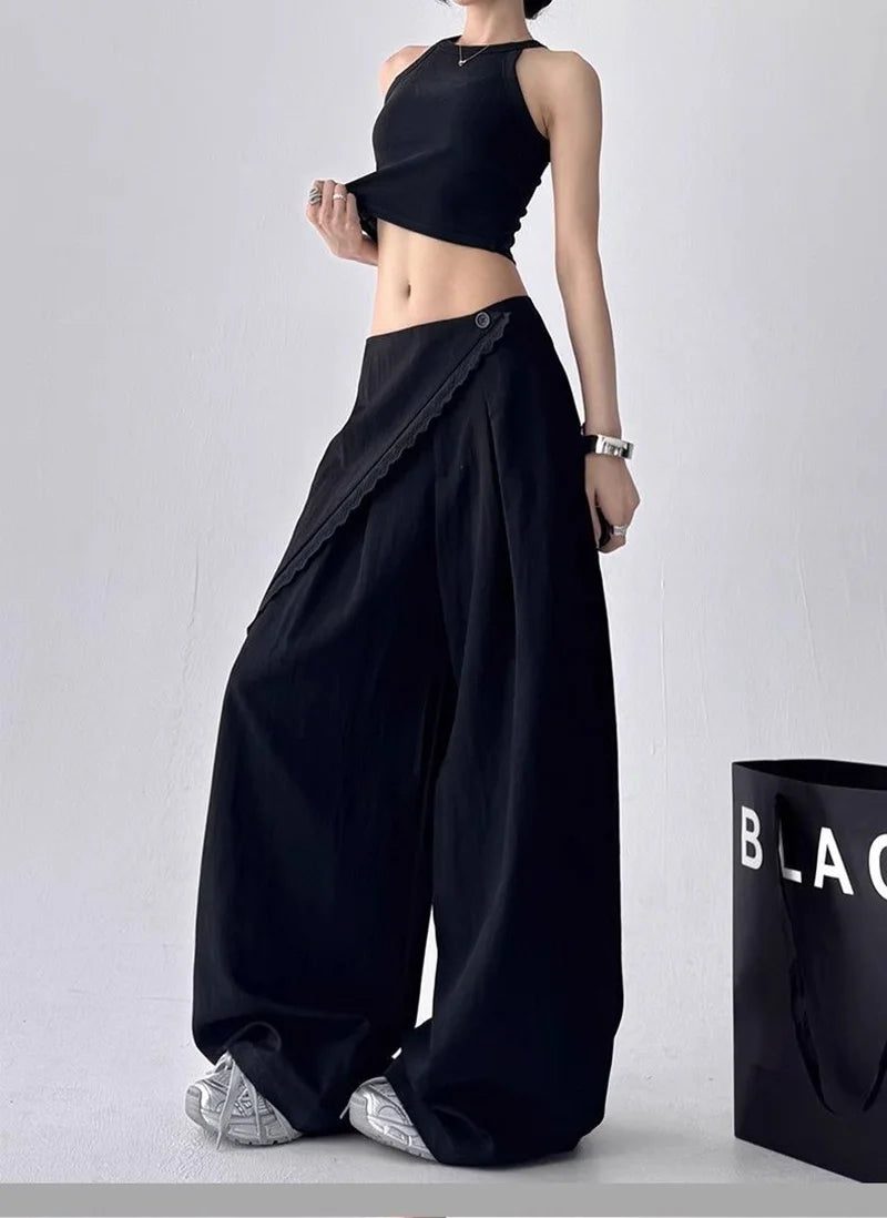 Zoki High Waist Streetwear Loose Pant Women Vintage Loose Design Wide Leg Trousers Casual All Match Summer Bf Hip Hop Pants New