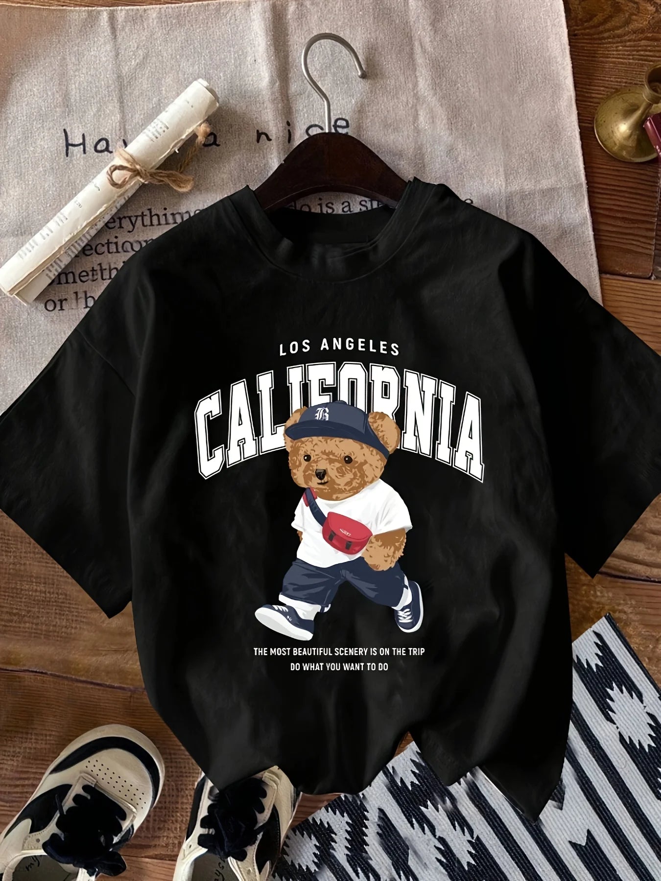 California & Bear Cartoon Print Short Sleeve O-Neck TShirt Spring Summer Top For Women Streetwear Oversized Casual Cotton Tshirt