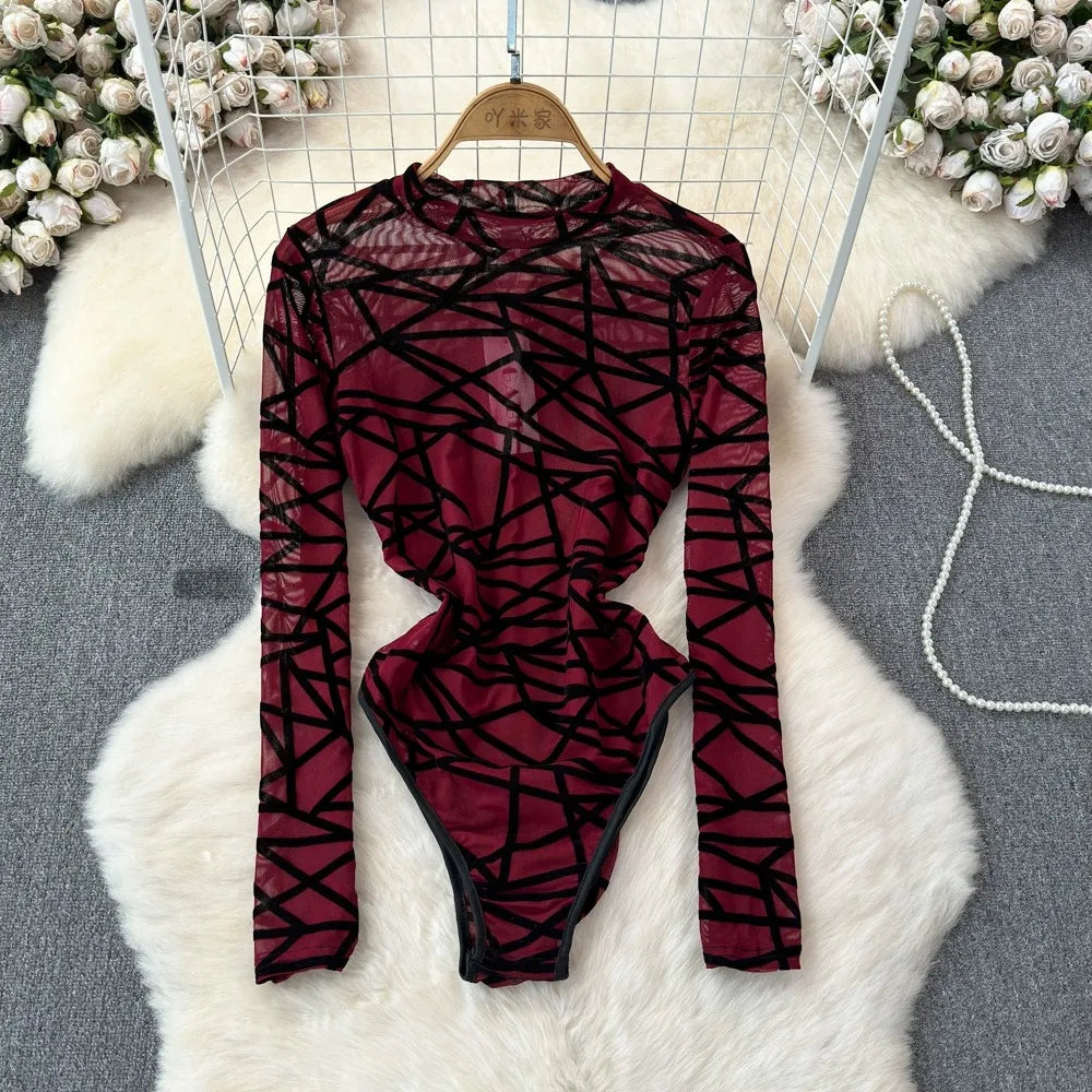 Foamlina Sexy Hollow Out Mesh Bodysuits for Women Fashion Striped Print Stand Collar Long Sleeve Slim Fit Club Party Jumpsuits