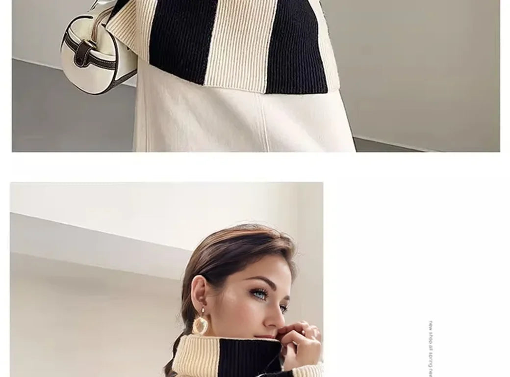 High-crowned Lazy Style Black White Stripe Wool Coat Women Autumn Winter Outdoor Warm Soft Cover Knitted Top Thick