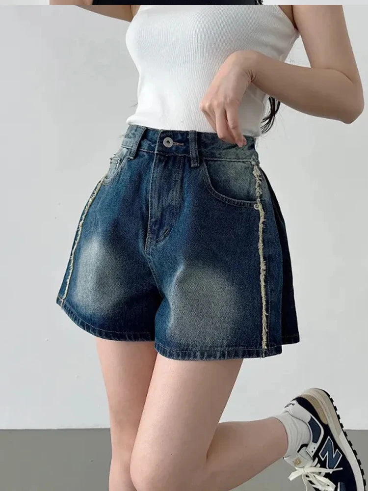 Retro Waed Distred High Waist Wide Leg Jeans orts Casual Sle A-Line Loose Fit Summer Denim orts for Women