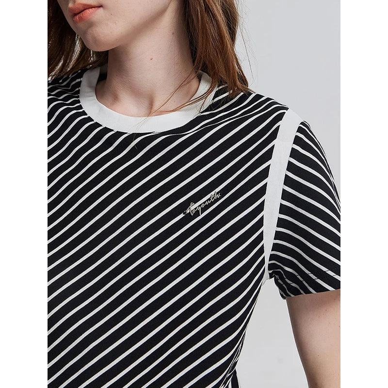 TOYOUTH Women Short Sleeve Striped T shirt 2025 Spring New Tops 8521021