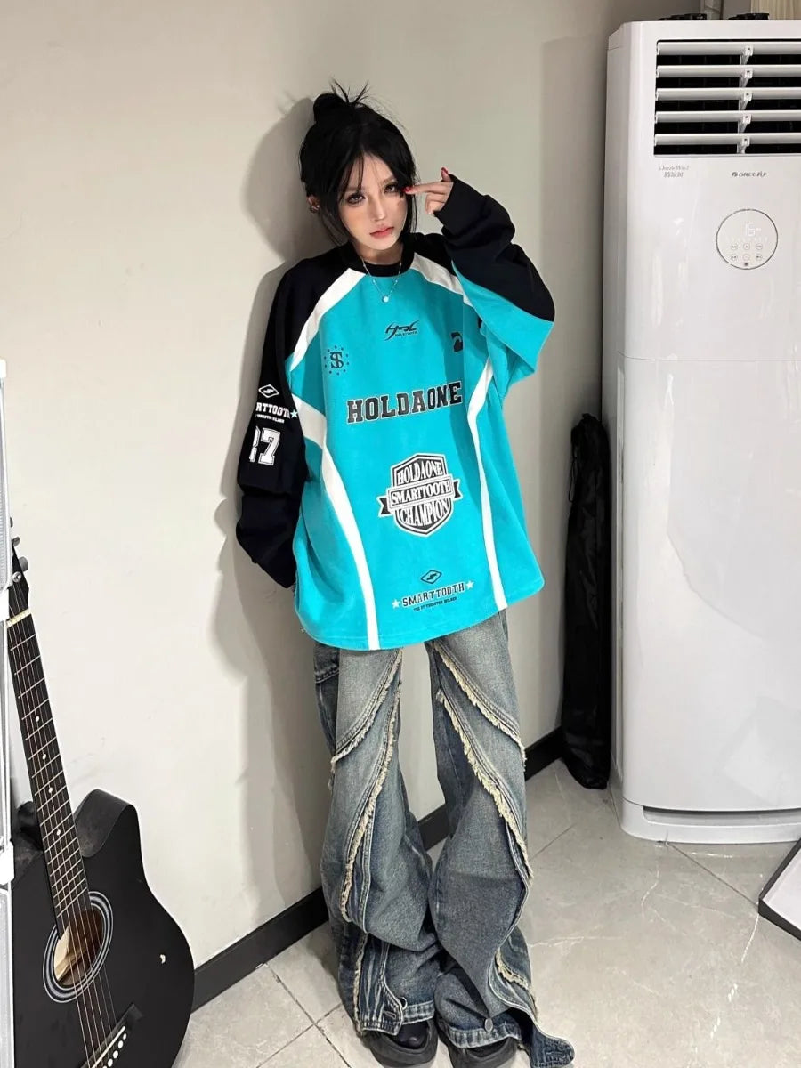 New American Retro Street Brand Color Matching Casual Color Matching Sweater Male Loose Couple Long Sleeve Racing Jacket Female