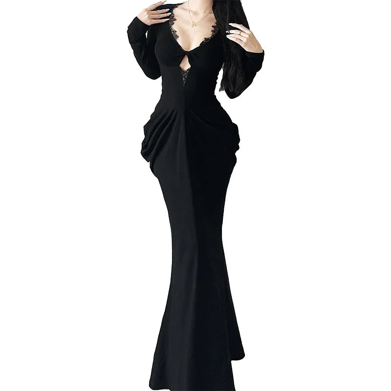 AltGoth Fairycore Grunge Elegant Midi Dress Women Mall Gothic Sexy Lace Patchwork Hollow Out Long Sleeve High Waist Corset Dress