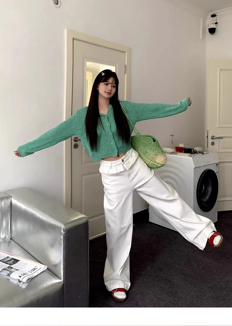 Casual Patchwork Pleated Wide Leg Pants Loose Solid High-Waisted Straight Pants Women Fashion Streetwear Lady Jeans