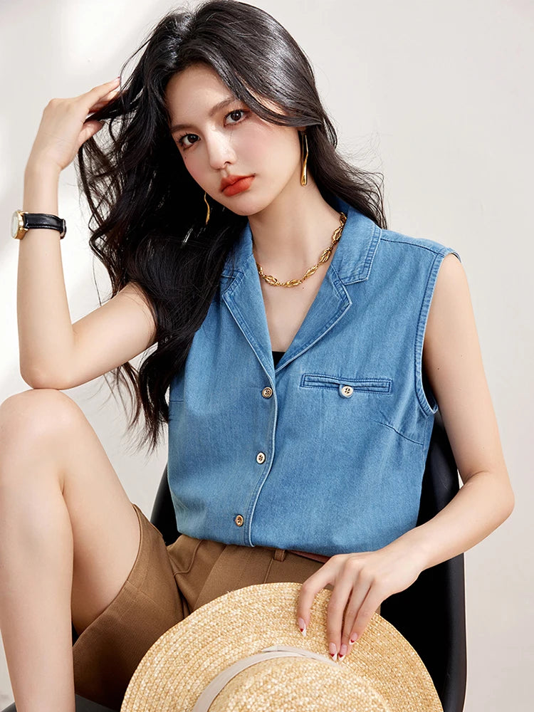 Vintage Sleeveless Tank Top Women Fashion Turn-down Collar Casual Vest Shirts Spring Summer Casual Denim Shirt