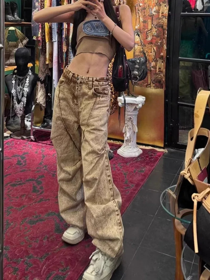 American Khaki Desert Fengshui Wash Jeans Retro Pleated Design Loose Fashion Street Hot Girl Casual High Waist Wide Leg Jeans