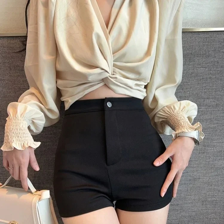 Black High-waisted Shorts Women's Outer Wear Spring Summer New Style Tight Elastic Hip Covering Sexy Casual Trendy