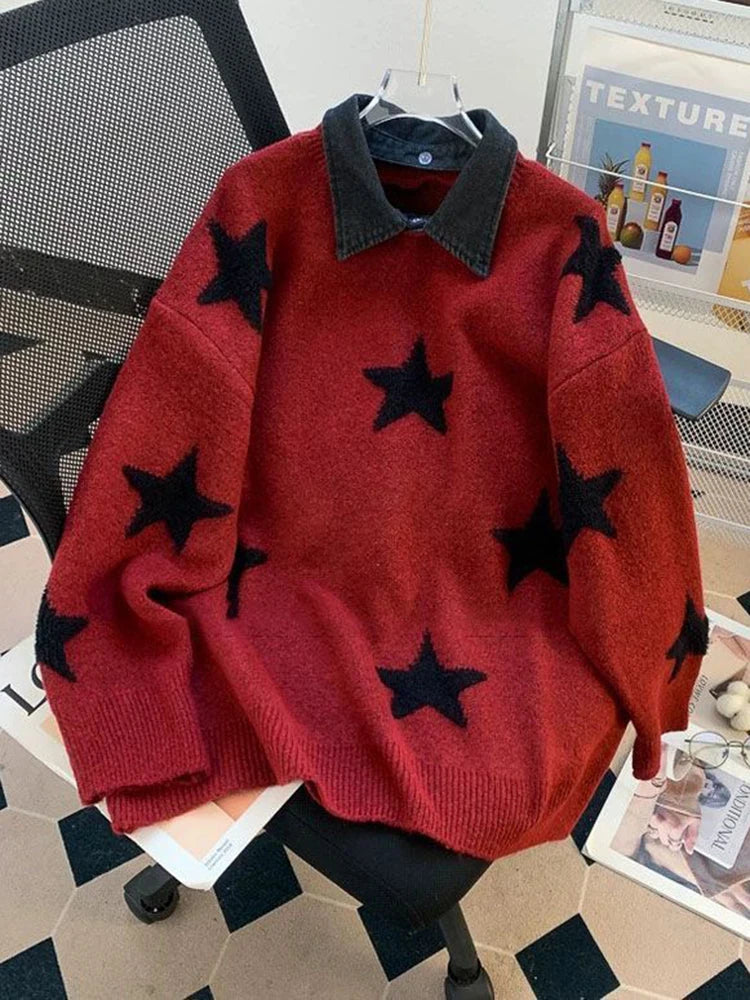 Zoki Star Print Y2K Sweaters Women American Red Patchwork Knitted Jumpers Tops Loose Female Design Turn Down Collar Pullovers