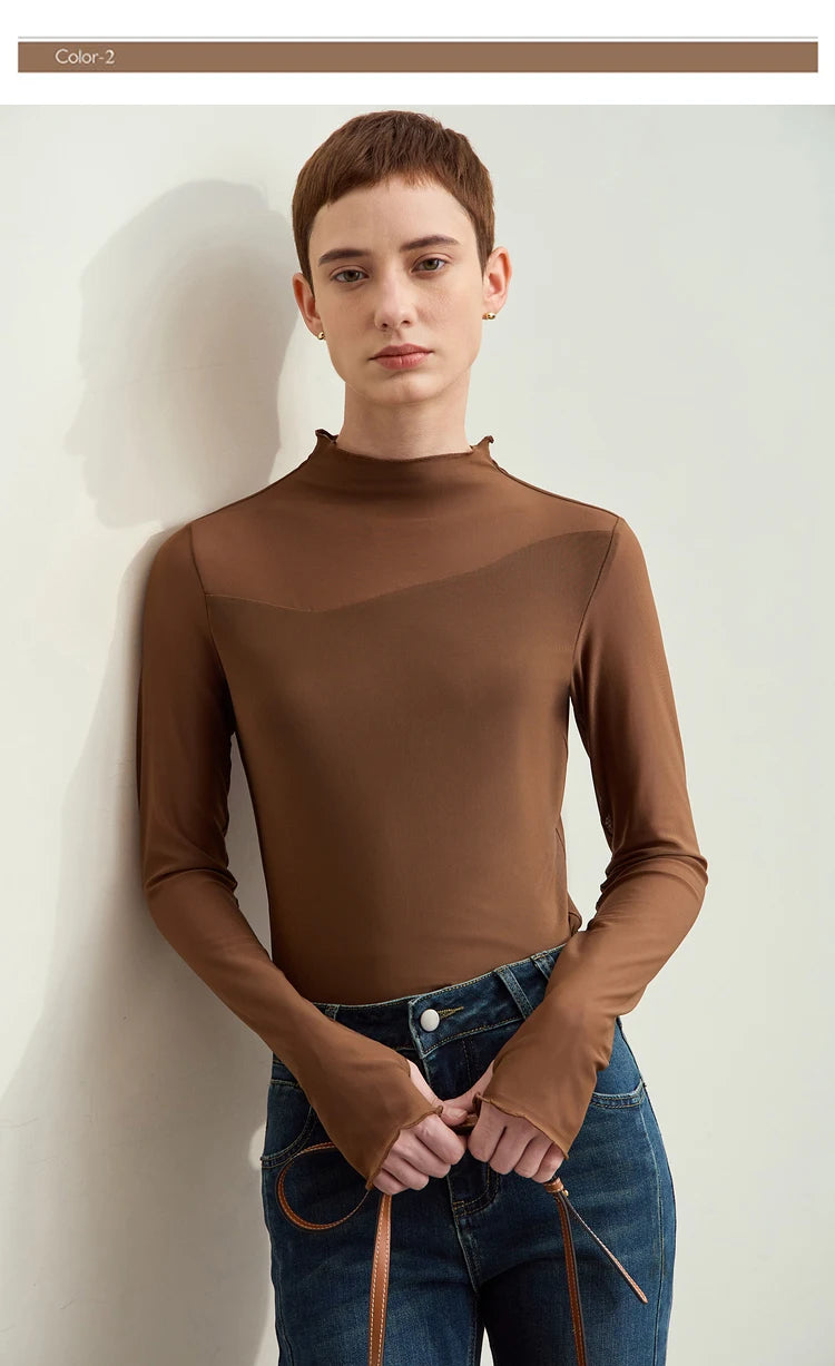 Amii Minimalism Mesh T-shirts For Women 2025 Spring New Office Lady Half-high Neck Micro Perspective Slim Retro Shirt 12423055