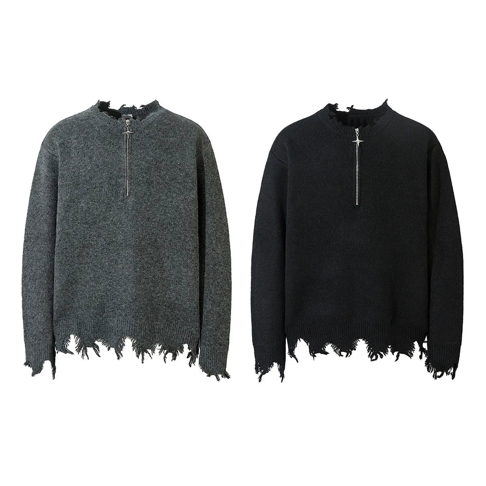 Half Zipper Frayed Hem Ripped Solid Knitted Sweaters Mens and Womens Autumn Baggy Pullover Sweater Oversized Loose Clothes