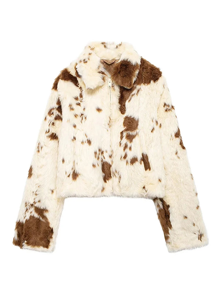 Faux Fur Contrast Women Coat 2025 Lapel Zipper Long Sleeve Female Coats Vintage Autumn Winter Pocket Thicken Warm Lady Outwear