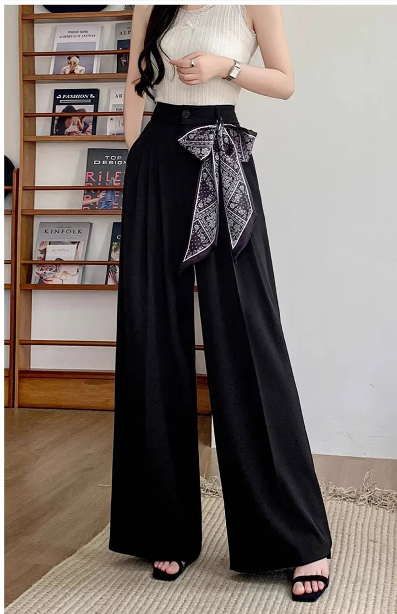 Zoki Chic Lace Up Suit Wide Leg Pant Women Elegant Loose High Waist Bow Trousers Korean Fashion Female Casual Sweet Pants New