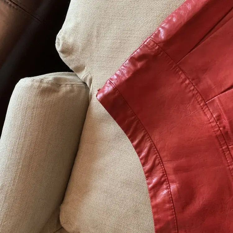 American PU Leather Pleated Skirt Women Slim High-waisted Design Mini Skirt Red Black