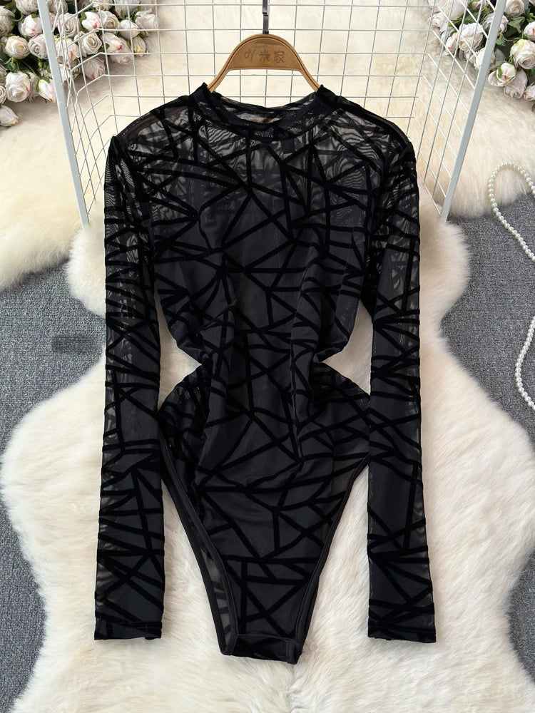 Foamlina Sexy Hollow Out Mesh Bodysuits for Women Fashion Striped Print Stand Collar Long Sleeve Slim Fit Club Party Jumpsuits