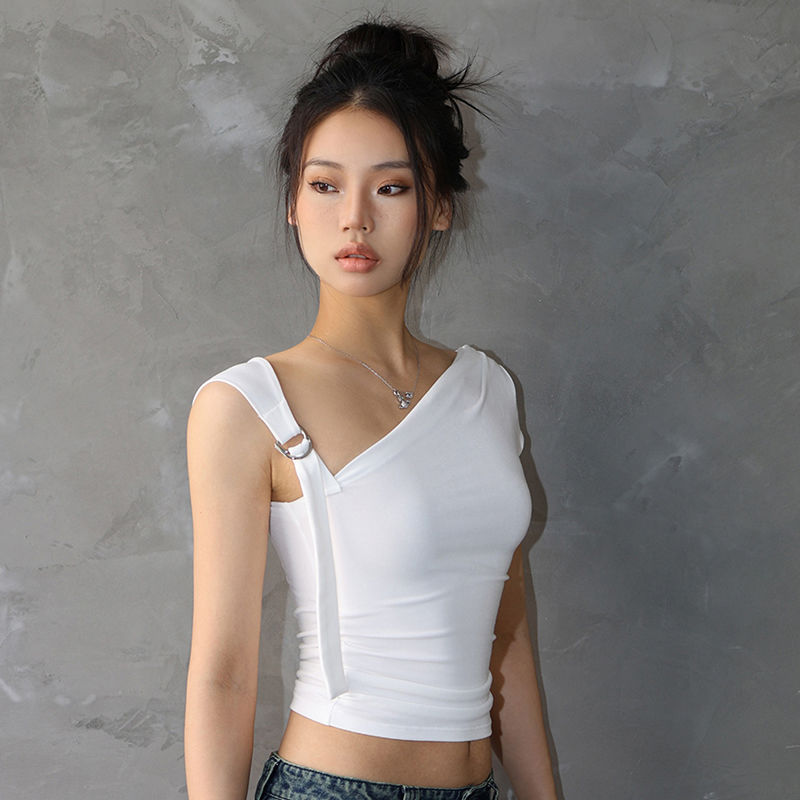 Summer T-shirts Women Sexy Folds Sweet Irregular Bandage Design Slim Chic Skew Collar Crop Tops Aesthetic Club American Clothes