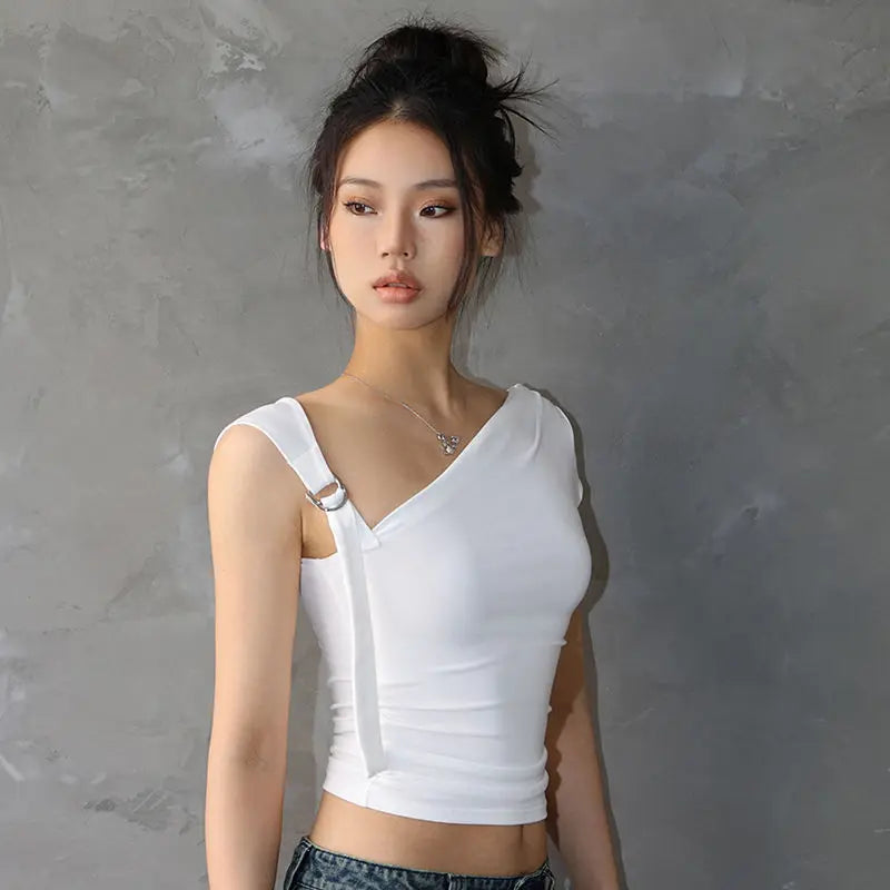 Summer T-shirts Women Sexy Folds Sweet Irregular Bandage Design Slim Chic Skew Collar Crop Tops Aesthetic Club American Clothes