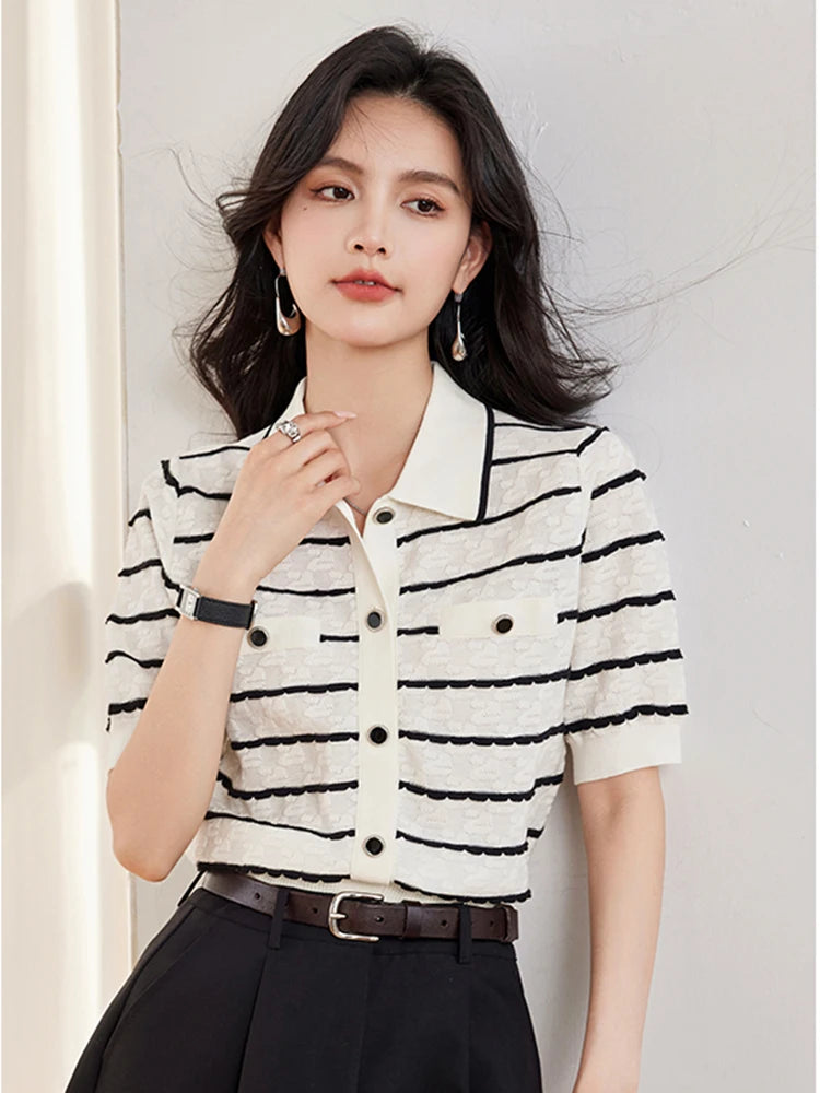 Striped Knitted Cardigan Sweater Women Short Sleeve Single-breasted Tops Jumpers 2024 Spring Stylish Fashion Chic Outwear