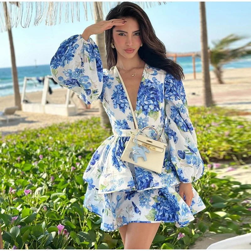 Printed Ruffled Hem Deep V-neck Puffy Dress Long Lantern Sleeve Elegant Vacation Party Short Dresses Colorful 2025 Spring Robe