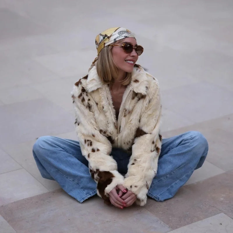 Faux Fur Contrast Women Coat 2025 Lapel Zipper Long Sleeve Female Coats Vintage Autumn Winter Pocket Thicken Warm Lady Outwear