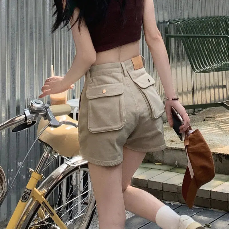Khaki Pocket Baggy Short Jean Pants Woman Summer Korean Style Clothing Harajuku Fashion High Waist Cargo Denim Shorts for Women