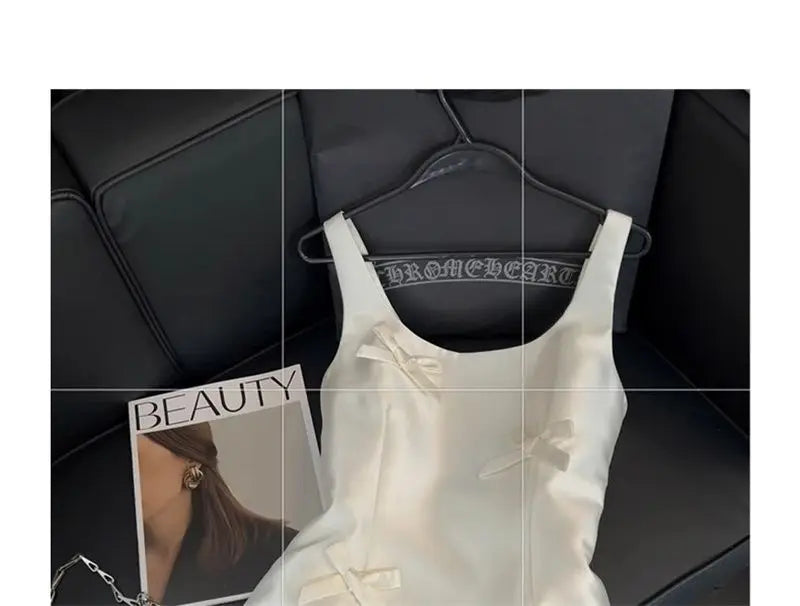 Women Elegant Mini Dress Satin Bow Decor Sleeveless Square Neck Slim Fit Suit French Style Party Club Night Summer Outfit