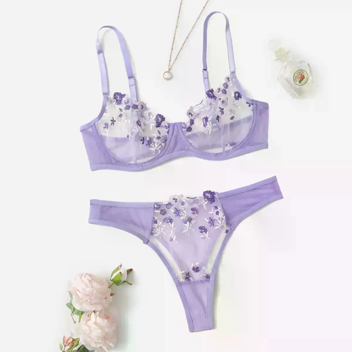 Transperant Lingerie Set Women Mesh Net Sexi Lenceria Sensual Mujer Bra Sets Embroidery Floral Underwired