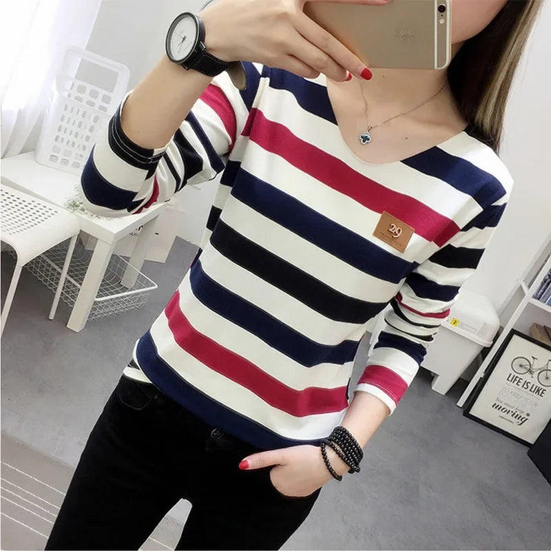 Korean Style Spring Autumn Women's T-shirt New Stripe Long Sleeve Top Slimming Base Layer Inner Outer Wear V-neck