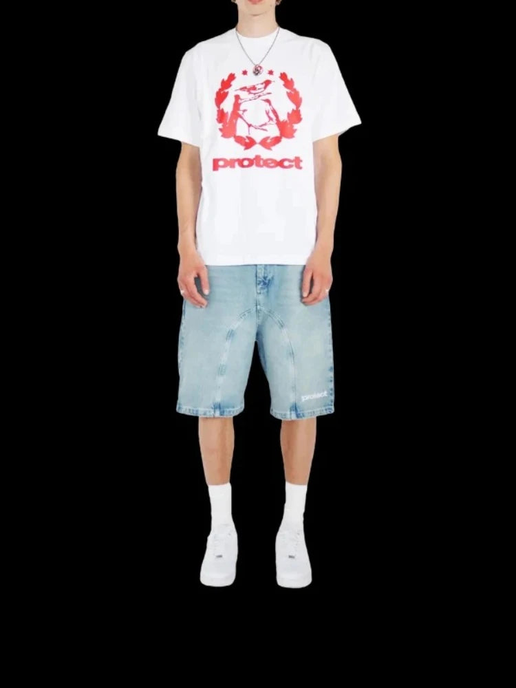 HOUZHOU Y2k Vintage Harajuku Short Jeans Women Washed Embroidery American Retro Man Denim Jorts Baggy Hip Hop Streetwear Summer