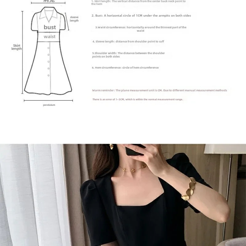 Elegant High-waisted Slimming Black Square Collar Long Dress 2024 New Style Vintage French Fashion For Women