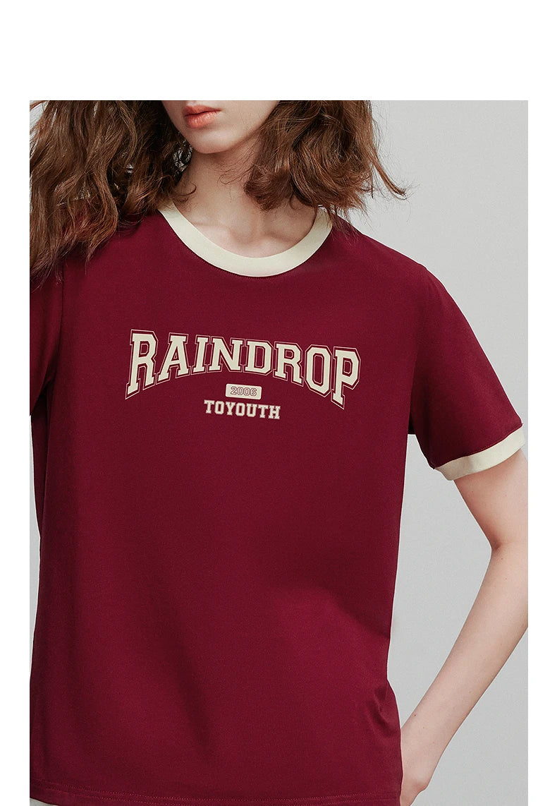 TOYOUTH Women Short Sleeve T shirt 2025 Summer New Color Blocked Letter American Style Antibacterial Cotton Tops GT5210004