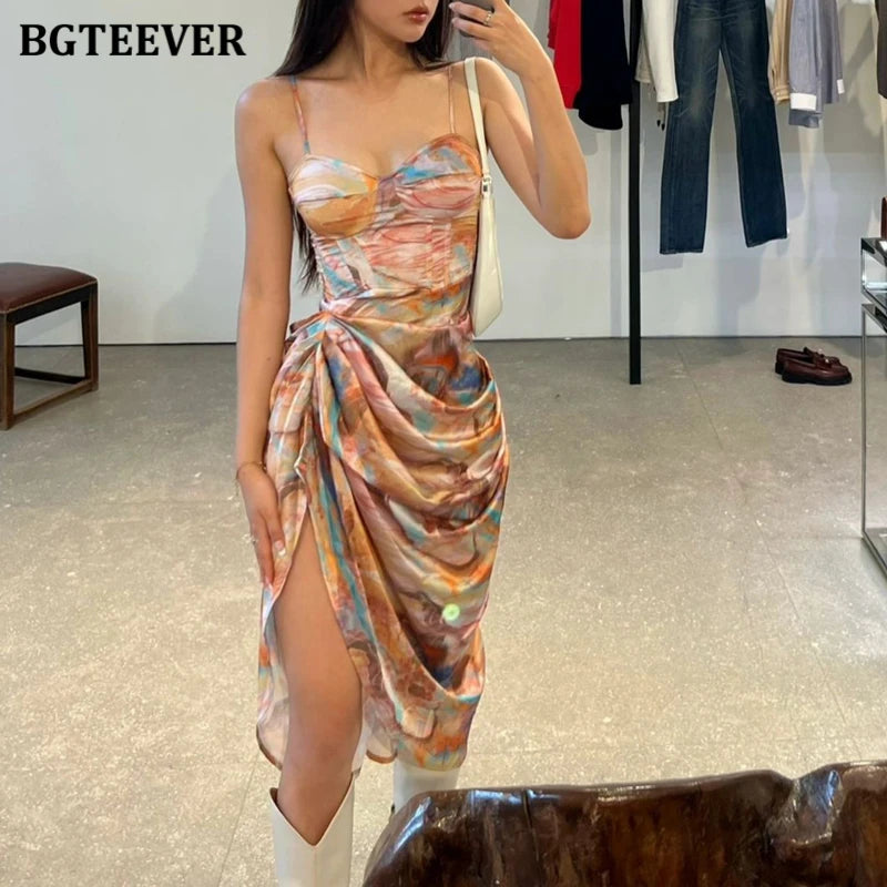 BGTEEVER Summer Fashion Slim Women Spaghetti Strap Midi Printed Dress Elegant Ladies Sleeveless Side Split Bodycon Dress